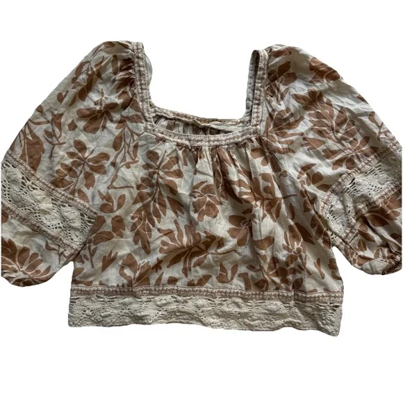 Christian Siriano Linen Blend Floral Square Neck Crochet Blouse Top Shirt Sz L - Picture 3 of 10